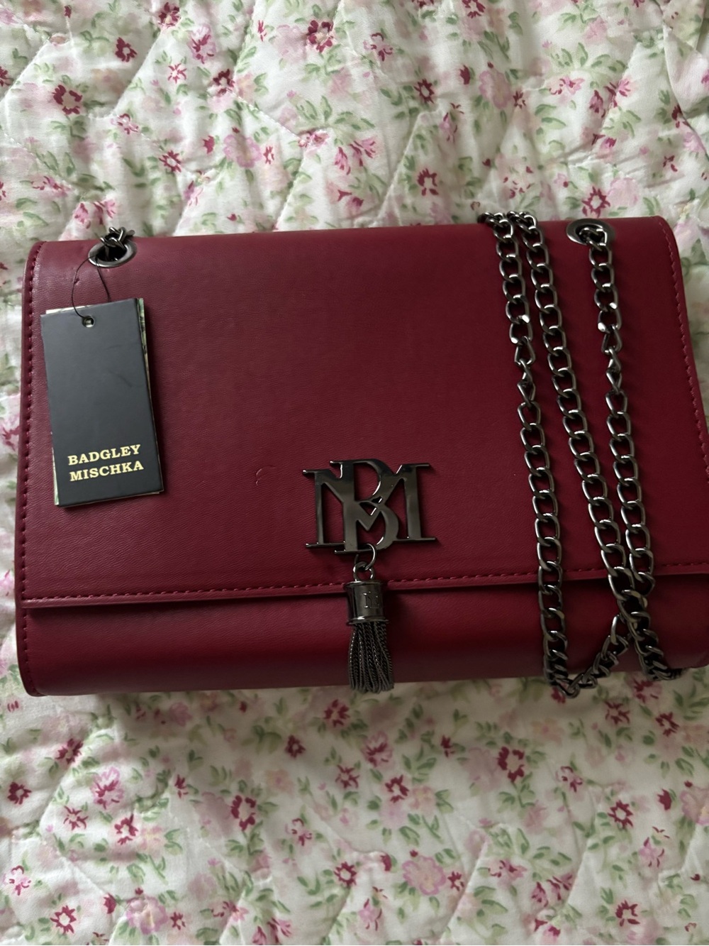 Badgley Mischka Wine Red Chain Tassel Crossbody Bag